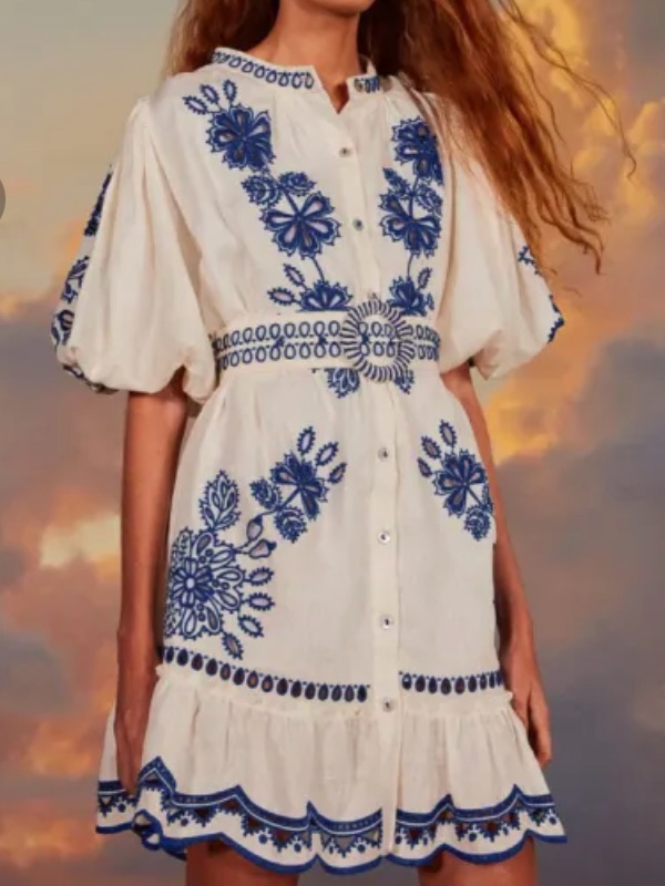 Farm Rio- Embroidered Puff-Sleeve Linen Mini Dress In White And Blue